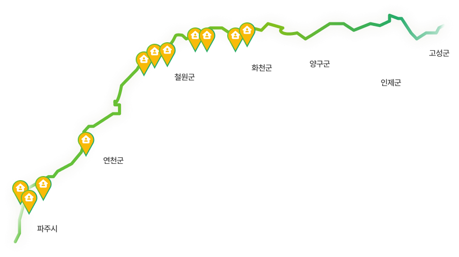 파주시 3개소, 연천군 1개소, 철원군 5개소, 화천군 2개소, 양구군 0개소, 인제군 0개소, 고성군 0개소