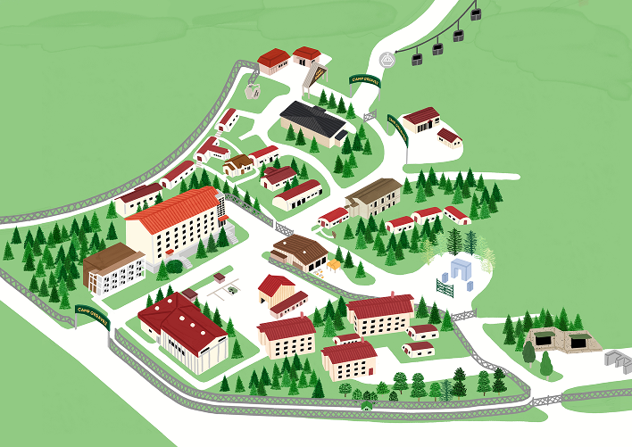 캠프그리브스 전체 맵 이미지 01번 DMZ체험관(유스호스텔), 02번 주차장, 03번 체육관, 04번 산책로, 05번 탄약고, 06번 기획전시관, 07번 다큐멘타관, 08번 갤러리그리브스